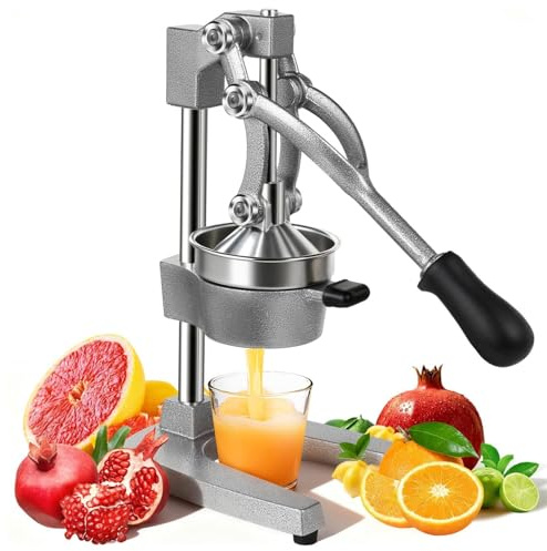 Manual Citrus Juicer Press, Cast-Iron Heavy Duty Commercial Orange, Lemon, Lime & Pomegranate Squeezer, Countertop Hand Juice Extractor with 304 Strainer for Home, Café, Bar, Gray