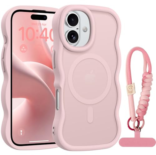 Unlicaku Magnetic for iPhone 17 Case with Wrist Strap, Pink | Compatible with MagSafe, Translucent Matte PC Back & Soft TPU Bumper, Phone Cover for Women Girls