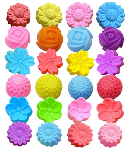 Honicemar 24 Moldes de Silicona Magdalenas Reutilizables, Antiadherentes Y Fáciles De Limpiar, Para Muffins Cupcakes Chocolate Gelatina Pudín Y Jabón, 6 Formas Florales, Multicolor