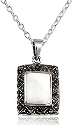 EYS JEWELRY® Damen-Halskette 40 cm Jugendstil 25 x 17 mm Perlmutt Markasit 925 Sterling Silber weiß im Etui Damenkette Anhänger