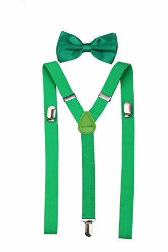 Men's Classic Solid Suspenders Matching Bow Tie Set Braces (Green)