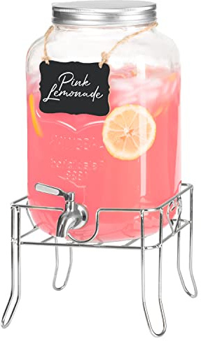 Ilyapa Outdoor Glass Beverage Dispenser with Sturdy Metal Base & Stainless Steel Spigot -2 Gallon Drink Dispenser for Lemonade, Tea, Cold Water & More