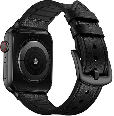 OUHENG Compatibile con Apple Watch 42 mm, 41 mm, 40 mm, 38 mm, cinturino ibrido in vera pelle e gomma resistente al sudore per iWatch Series 10 9 8 7 6 5 4 3 2 1 SE2, Nero/Nero,
