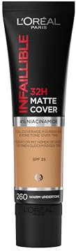 L'Oréal Paris Cover Fond de teint liquide, avec 4% de niacinamide, longue durée, finition naturelle, disponible en 20 teintes, SPF 25, couverture mate infaillible 32H, teinte 260, 30 ml