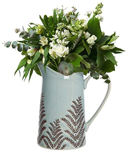 Ceramic Flower Vase Windowsill Pitcher Jug Blue Embossed Fern Leaf (BR21) | Ceramic Vase, Pitcher Jug, Jug Vase, Ceramic Jug, Centrepiece, Flower Vase, Flower Jug, Blue, Glazed, Embossed