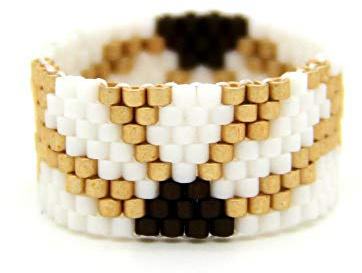 Delica-Glasperlen-Ring in Gold, Weiß und Braun, gewebter breiter Bandring Peyote flexibler Perlenring Blüte Floral #052 Margerit