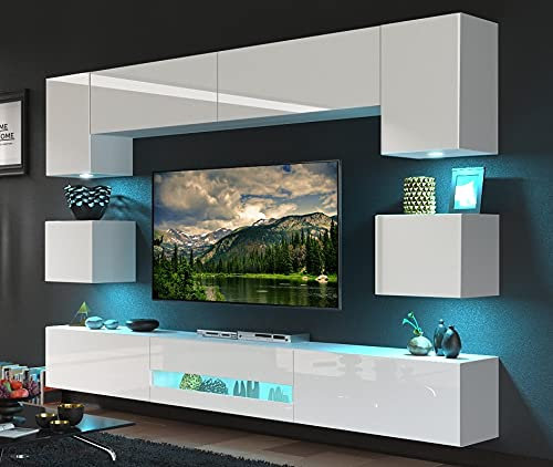 Furnitech hängende Wohnwand mit LED RGB (16 Farben) und Schrankwand mit Regalen und TV-Schrank (Besta DAN1-17W-HG2 1B)
