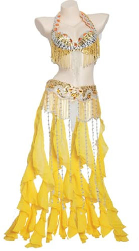 Tzdd Bauchtanz Performance Outfits Für Damen Maskerade Party Kleider Halloween Dancwer Kostüme Perlenbesetzter Bauchtanz BH Und Gürtel Mit Quasten 2 Teiliges Set,Gold,L