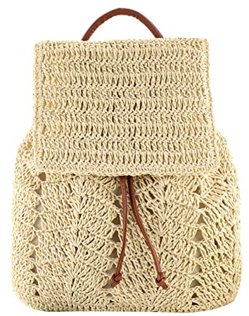 XIANXIAN Bolso de paja para mujer, mochila de paja, mochila a la moda, mini bolso de hombro con cordón, bolso de playa para mujer, mujer, beige, 35CM*32CM*10CM
