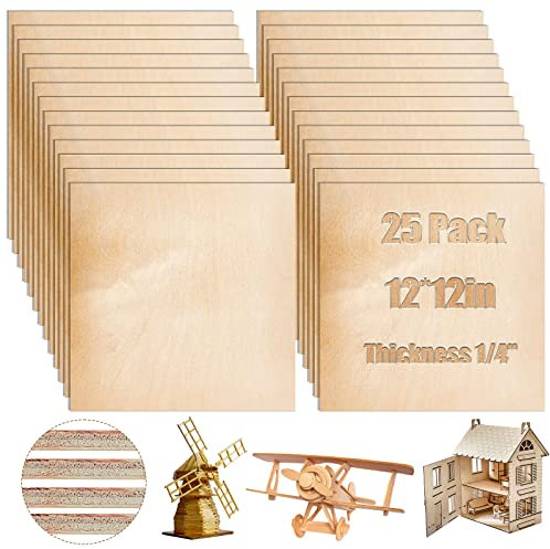 Juexica 25 Pcs Birch Plywood, 6 mm 1/4'' x 12'' x 12'' Craft Wood for Laser Cutting, DIY CNC Cutting, Wood Burning, Painting, Engraving