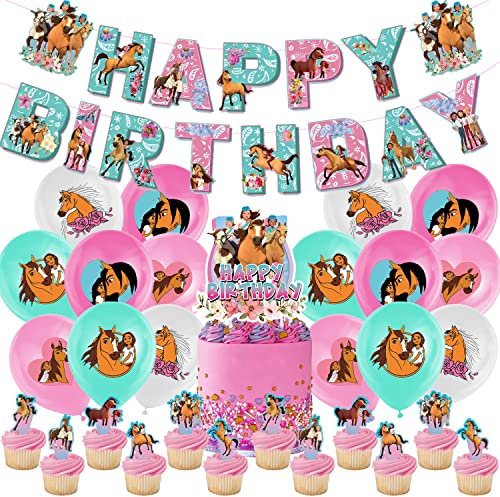 Horse Geburtstag Deko 34 Stück - Luftballons, Party Zubehör, Kuchen Dekoration, Banner - Junge Mädchen Geburtstagsparty Dekoration