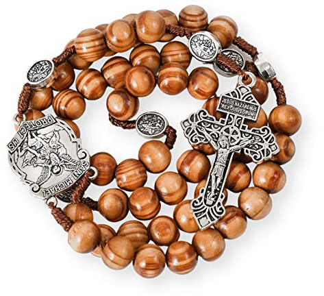 Nazareth Store Sacred St Michael Wood Beads Rosary Solid Wooden Prayer Chaplet with Cross Saint Medal & Silver Pardon Crucifix