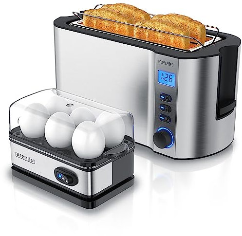 Arendo - SET Toaster MANHA mit Eierkocher SIXCOOK Edelstahl Silber, Toaster 4 Scheiben LED-Display 6 Bräunungsgrade, Brötchenhalter, Eierkocher 1-6 Eier, Messbecher