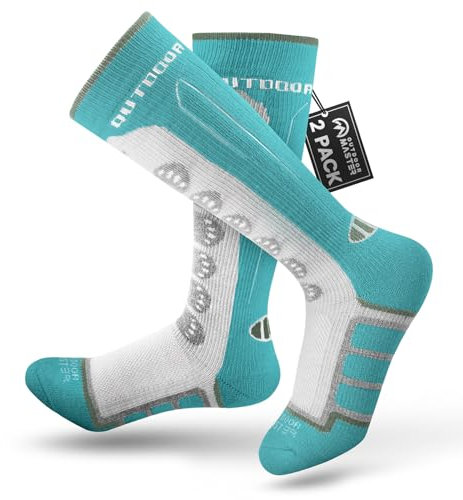 OutdoorMaster Kinder-Skisocken, 2er-Pack Merinowolle, Winter-Kompressions-Thermosocken für Jungen und Mädchen, rutschfeste Manschette über der Wade