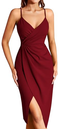 Missufe Robe de cocktail pour femme - Robe de fête - Robe portefeuille - Robe d'été - Robe midi festive élégante - Moulante - Mariage - Sans manches - Bretelles spaghetti - Robes de soirée, rouge, M