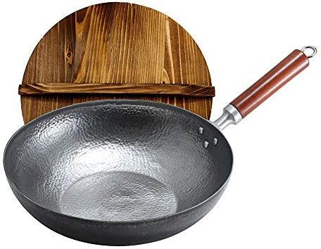OQHAIR Sartén Wok de inducción, Olla de Hierro Fabricada en Acero al Carbono con Mango de Madera extraíble, Fondo Plano para cocinas eléctricas, de inducción y de Gas, Diámetro de la Olla