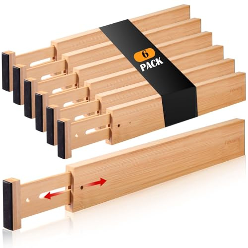 Fabsome Schubladenteiler, Bambus-Küchenteiler, verstellbar, 43,2-55,9 cm, Holz-Kommodentrenner für Kinderzimmer, Kleidung, Socken, Unterwäsche, Babykleidung, mit weichen Schaumstoffenden, 6 Stück