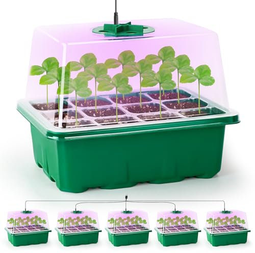 MIXC Seed Trays with Grow Light, 5 Pack Seed Trays with Lids, Propagators for Plants with Adjustable Lids and Clear Cell Tray, Propagator with 8 Full Spectrum Led Lamp Beads, For Indoor Plants, Green