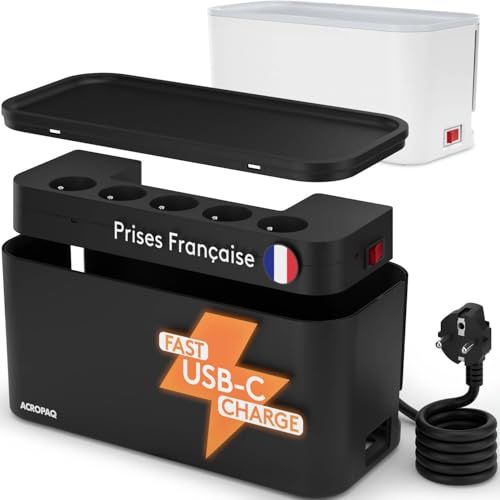 ACROPAQ Boîte de Rangement câble - Boîte Cache câble, Cable 2M, avec multiprise intégrée, avec Broche de Terre, Convient pour la France, Ports USB-A et USB-C, Quick Charge 3.0 - Cache multiprise