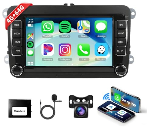 Podofo Android 13 Autoradio für VW Passat Polo Seat Skoda Tiguan Wireless Carplay Android Auto, 7“ Touchscreen 4G+64G mit Bluetooth/Mirror Link/FM/RDS/WiFi/GPS Navi/Sprachsteuerung +Rückfahrkamera