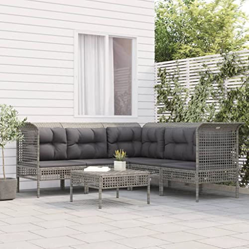 WEMYUFURN 6-TLG. Garten-Lounge-Set mit Kissen Grau Poly Rattan, Outdoor-Sitzgruppe, Terrassen-Lounge-Set, Garten-Couchgarnitur - Wetterbeständig, Komfortabel - für Terrasse, Garten und Balkon