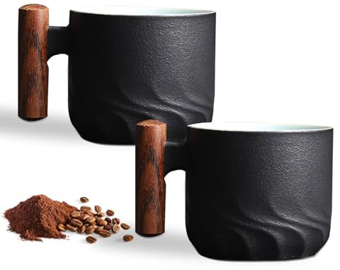 Hengrongshen Lot de 2 Tasses à Expresso (2 x 70 ml) Tasse a Cafe Céramique Tasse Expresso avec Anse en Bois, Ensemble Tasse a Cafe Petite Tasse à Café pour Espresso, Thé (Lot de 2 - Noir)