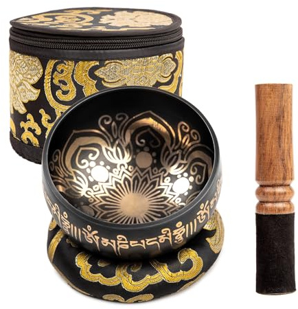 HIMALAYAN BAZAAR Tibetisches Klangschalen-Set – einfach zu spielen, authentisch handgefertigt für Meditation, Klangschale, Chakra, Yoga, Heilung, 10,2 cm (Schwarz mit Box)