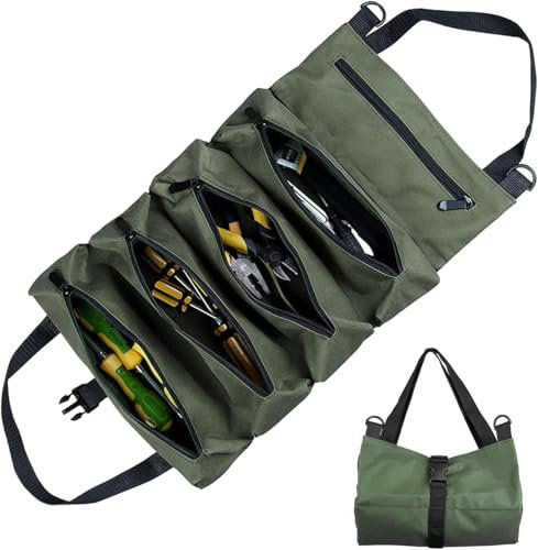 Luabue Tragbare Werkzeugtasche, Rolltasche für Werkzeuge mit 5 Reißverschlusstaschen, Werkzeugtasche aus Segeltuch, Organizer für Werkzeugrolle für Elektriker, Handwerker und Autos, Grün
