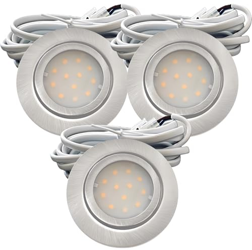 3er Set IP44 LED Möbeleinbauleuchten 12V DC, extra flach, 2,4W Spot New Lina, 200lm, Silber (4000K) Neutralweiß, Bohrloch: 54-60mm, 2m Kabel mit AMP-Stecker. Für Möbel, Küche, Bad, Decken usw.