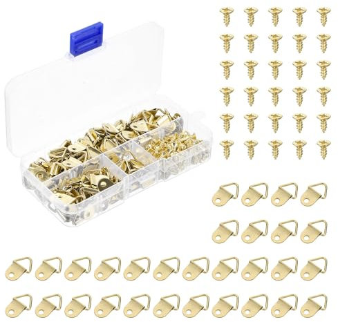 sourcing map 150Pcs Picture Hangers, Triangle Ring Picture Frame Hook, Frame Backing Fasteners with 150 Pcs Screws for Hanging Clock Paintings Pictures, Gold