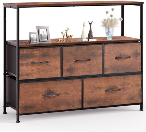 Sweetcrispy Kommode,TV Schrank Stand für Schlafzimmer mit 5 Stoffschubladen,Sideboard Wohnzimmer für 115cm TV,Einstellbare Füße Schubladenschrank,Komodenschrank für Schlafzimmer,Modernes Braun
