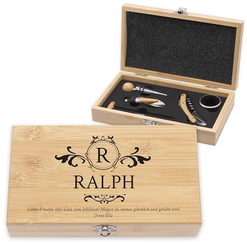 LAUBLUST Weinöffner Set Personalisiert - 5er Weinzubehörset als Sommelier Set | Monogramm - Wein Zubehör mit Geschenkbox aus Holz | Personalisierte Geschenke für Männer mit Korkenzieher & Thermometer
