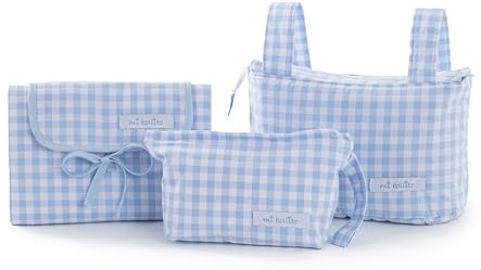 mi bollito – Pack esencial vichi para bebé: bolso pocket para carrito, cambiador Portátil Bebé impermeable + Neceser Vichy + Fabricado en España. (Pack bolso pocket, neceser y cambiador, Azul)