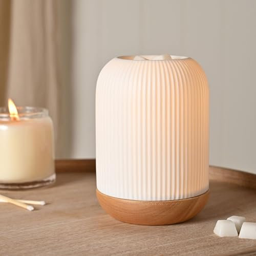 Ceramic Lamp Oil Diffuser - White and Wood Design Modern Ribbed Pattern - Striped Aroma Lamp For Oil or Wax Melt Use