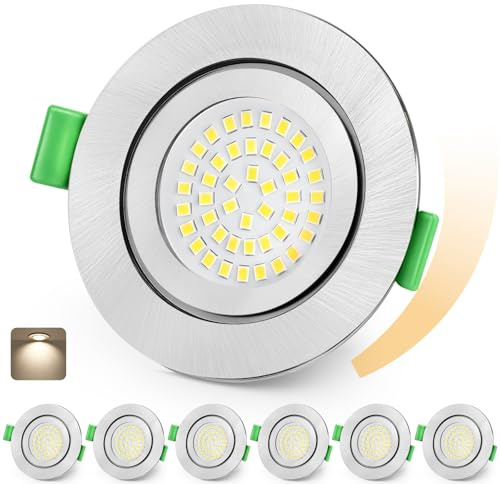 KYOTECH LED Einbaustrahler 230V Dimmbar 65-75mm Ultra Flach LED Spots 5W IP65 Bad Einbauleuchten Deckenspots Naturweiß 4000K Einbauspots für Badezimmer Wohnzimmer, Nickel 6er Set (Nicht Drehbar)