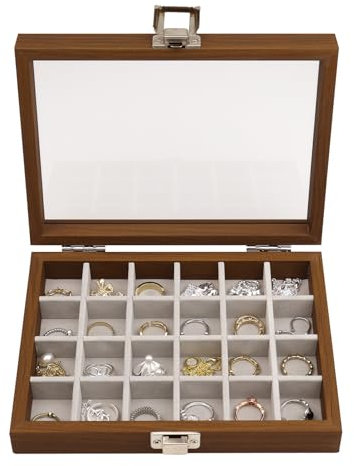 AnnZhao Velvet Jewellery Box,Jewellery Ring Organizer Tray with Glass, Jewellery Display Box,for Women Girls Travel Rings Earrings Necklaces (24 Slot)