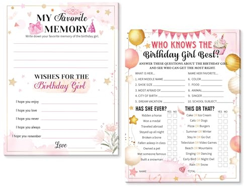 HOWAF Who Knows The Birthday Girl Best, My Favorite Memory, Wishes for the Birthday Girl, Birthday Game Cards for Girls Teenagers Women's Sleepover Party - 15x20cm, Set of 30, Double-sided