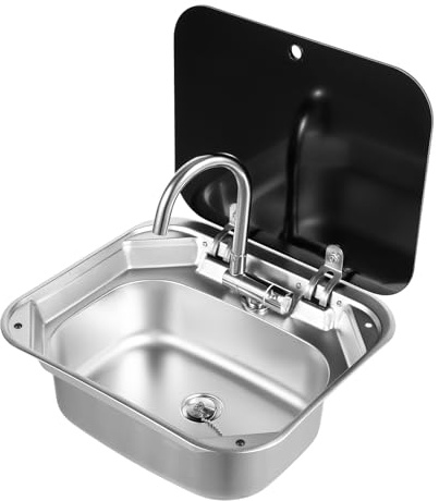 Lavabo + robinet (2022-1058, jeu de lavabo, robinets, accessoires, etc.), lavabo pliable pour caravane, bateau, camping-car, avec robinet d'eau froide, lavabo en acier inoxydable, évier de camping-car