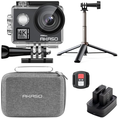 AKASO V50 Elite - Fotocamera sportiva 4 K 60 FPS, kit di bastone per selfie da 20 MP, con treppiede selfie stick da 60 cm, per azione fotocamera sportiva, borsa per riporre oggetti, 2 batterie e altro