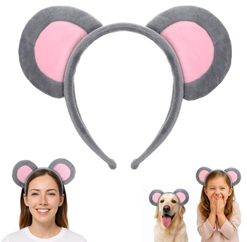 Ouligay Mouse Ears Haarreifen Maus Ohren Stirnband Grau Mausohren Haarreifen Stirnbänder Tier Maus Kostüm für Erwachsener, Mäuschen Haarreif für Fasching Karneval Party Kostüm Accessoires