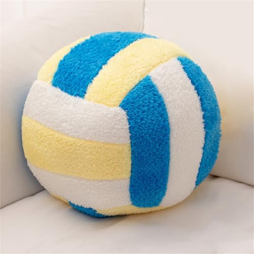 AQCQDQ Volleyball-Plüschtier Kissen, 3D Runde Kissen Plüsch Ball Dekokissen, Plüsch Volleyball Spielzeug, Kinder Kuschelkissen, Sport Themenkissen für Kinderzimmer Dekoration (Gelb-Blau,20 cm)