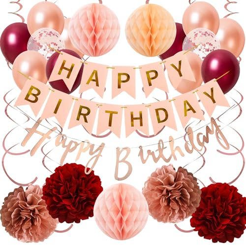 Deko Geburtstag Ballons Girlande Set - Geburtstagsdeko Happy Birthday Banner Luftballons und Spiralen, Papier Pompons Wabenbälle für Frauen Mann Mädchen Jungen Geburtstagsfeier