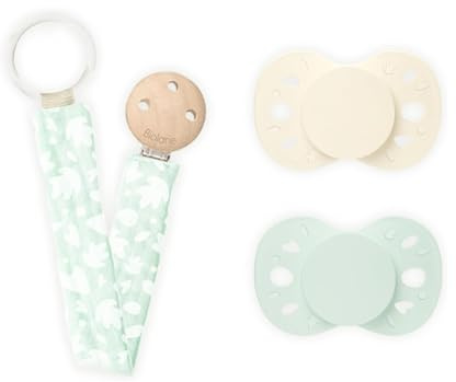BIOLANE - Lot de 2 Tétines Anatomiques et Attache Tétine Verte - Verte et Beige - 6 à 18 mois - Téterelle réversible - Tissu 100% coton - Confort Optimal - Respect du développement bucco-dentaire | Vert & Beige, Téterelle réversible, Tissu de l'attache 100% coton, Confort optimal, Respect du développement bucco-dentaire