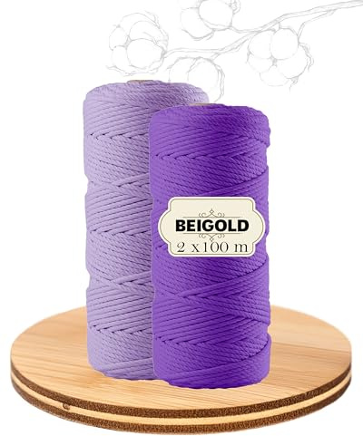 BEIGOLD Premium makramégarn, set om 2, lila (3 mm x 100 m) för vackert naturligt utseende. Bomullsgarn för makramé konst gör-det-själv-hantverk