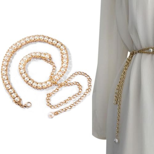 DOKRIN Women's Belts, 1 pezzo di cintura per gioielli da donna con perle catena per cintura regolabile con nappa catena per cintura adatta per jeans e abiti (oro)