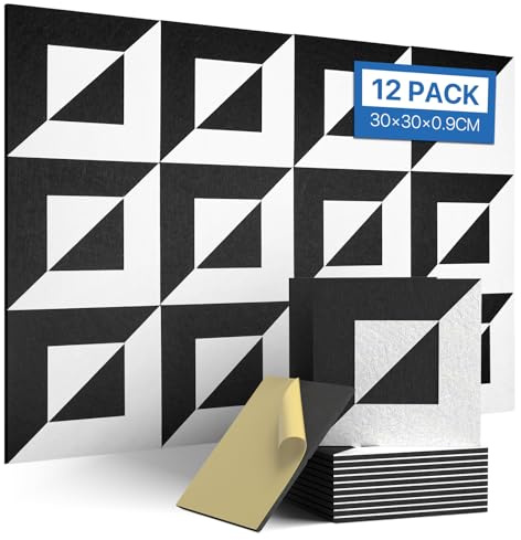Soundsbay Akustikpaneele 3D Selbstklebend 12 Stück Schwarz-Weiß 30x30x0.9cm | Dekorative aus Filz, für Gaming Deko, Büros, Studios, Boards Bulletin Board Wanddekoration, Wandpaneele, Schaumstoffplatte