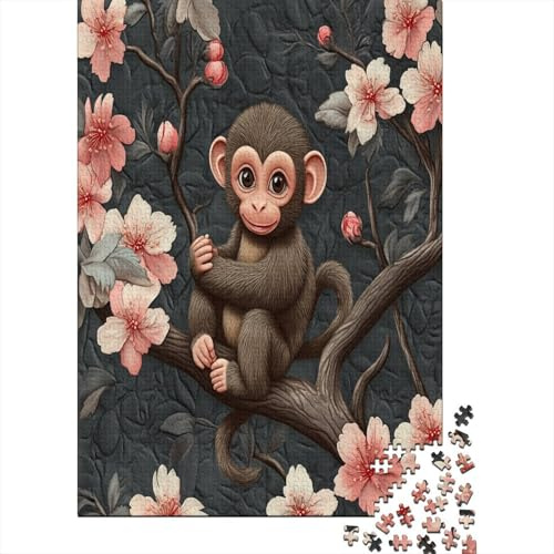 Monito con Flores de Cerezo Fondo Gris Oscuro Rompecabezas Sostenibles Estampados para Adultos De Madera De 70x50cm/1000pcs