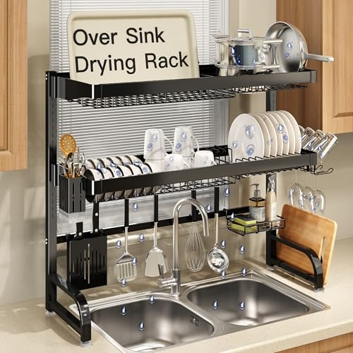 romision Adjustable Over Sink Dish Drainer Rack, Stainless Steel, Black | Direct-to-Sink Drainage, Plate, Bowl, Cup And Cutlery Organisers, Space-Saving Layout, Clear Worktop for Food Preparation