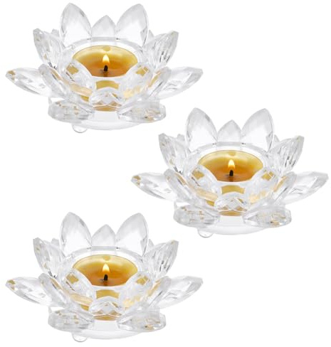 NBEADS 3 portavelas de cristal con diseño de flor de loto, portavelas votivos de pétalos de loto, soporte de vela de cristal para centros de mesa de boda, decoración del hogar, color amarillo