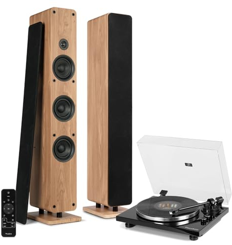 Audizio ARCO Active/Passice Pair, Wireless Hi-Fi Record Player & Floor Standing Tower Speaker Stereo System, Bluetooth Out, USB, HiFi Streaming, Integrated Remote, Wood Finish, All-in-One Home Audio